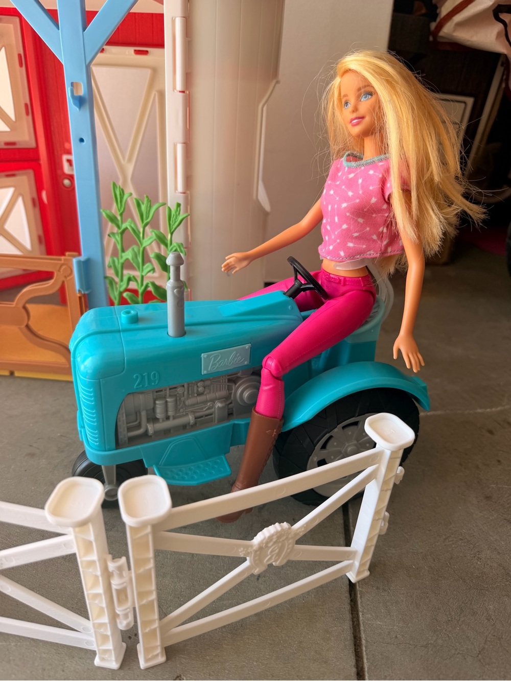 Barbie Red Barn Playset with Blue Tractor and White Fence - Picture 2 of 5